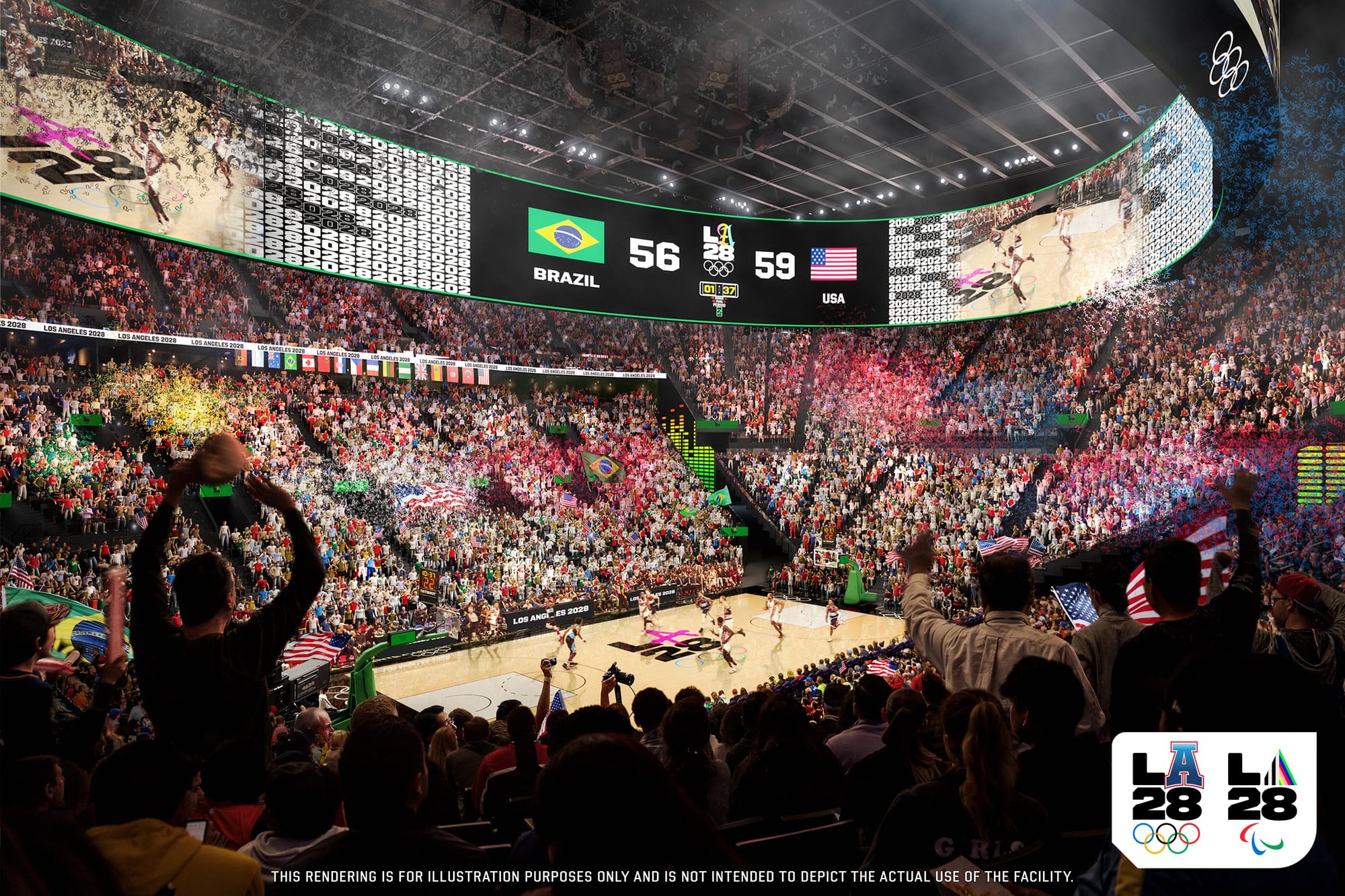 A rendering showing the Intuit Dome basketball arena filled with crowds during the 2028 Summer Olympics with the logo in the corner