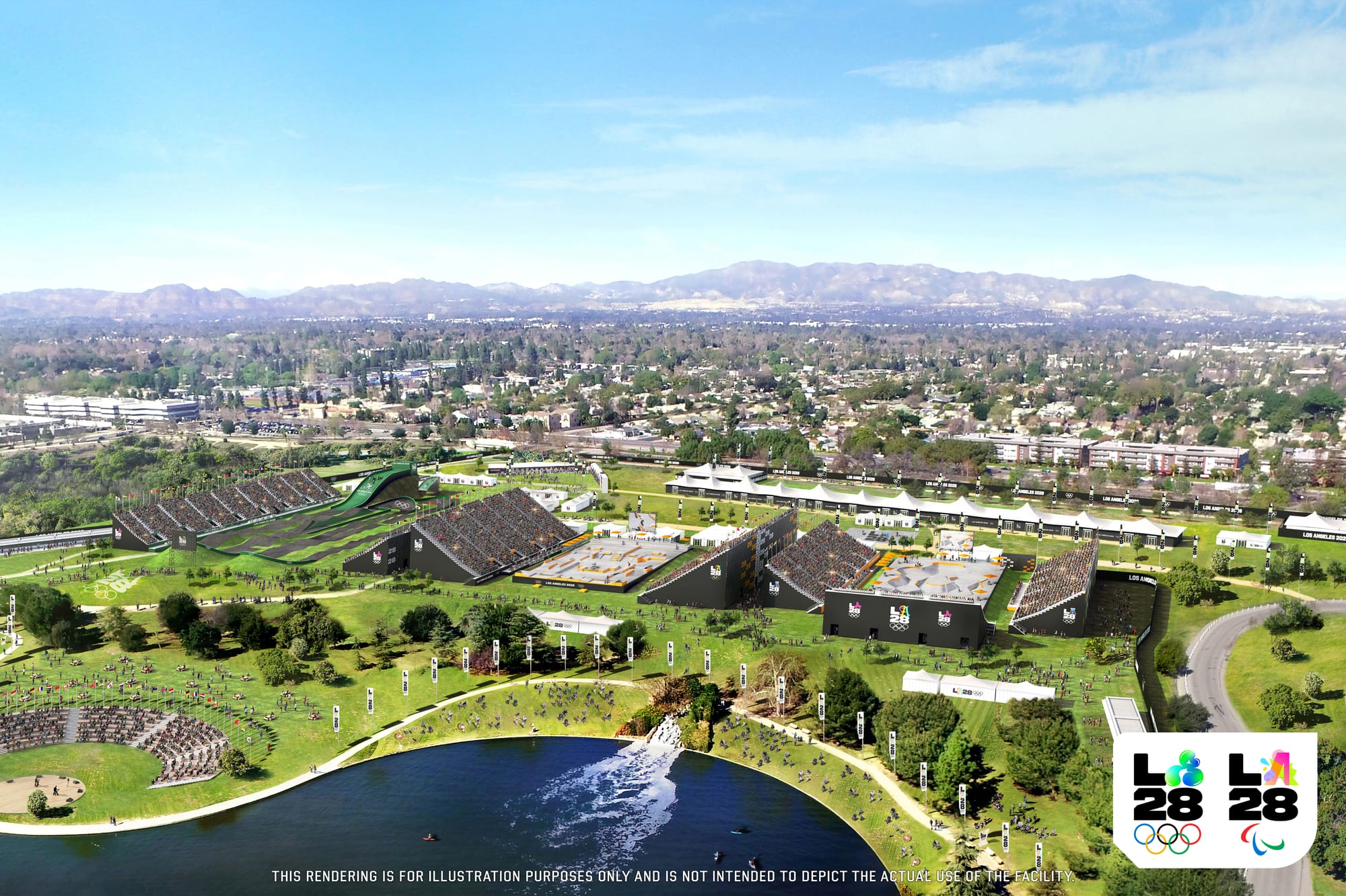 A rendering showing a BMX and skateboarding facility in the Sepulveda Basin during the 2028 Summer Olympics with the logo in the corner