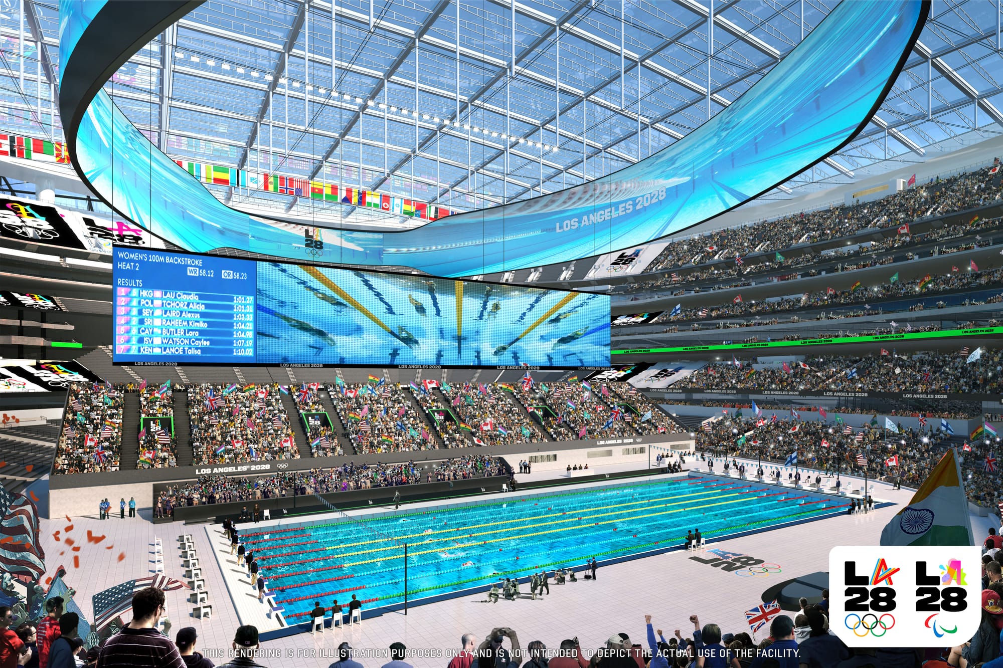 A rendering showing a pool inside SoFi stadium surrounded by crowds at the 2028 Summer Olympics with the logo in the corner