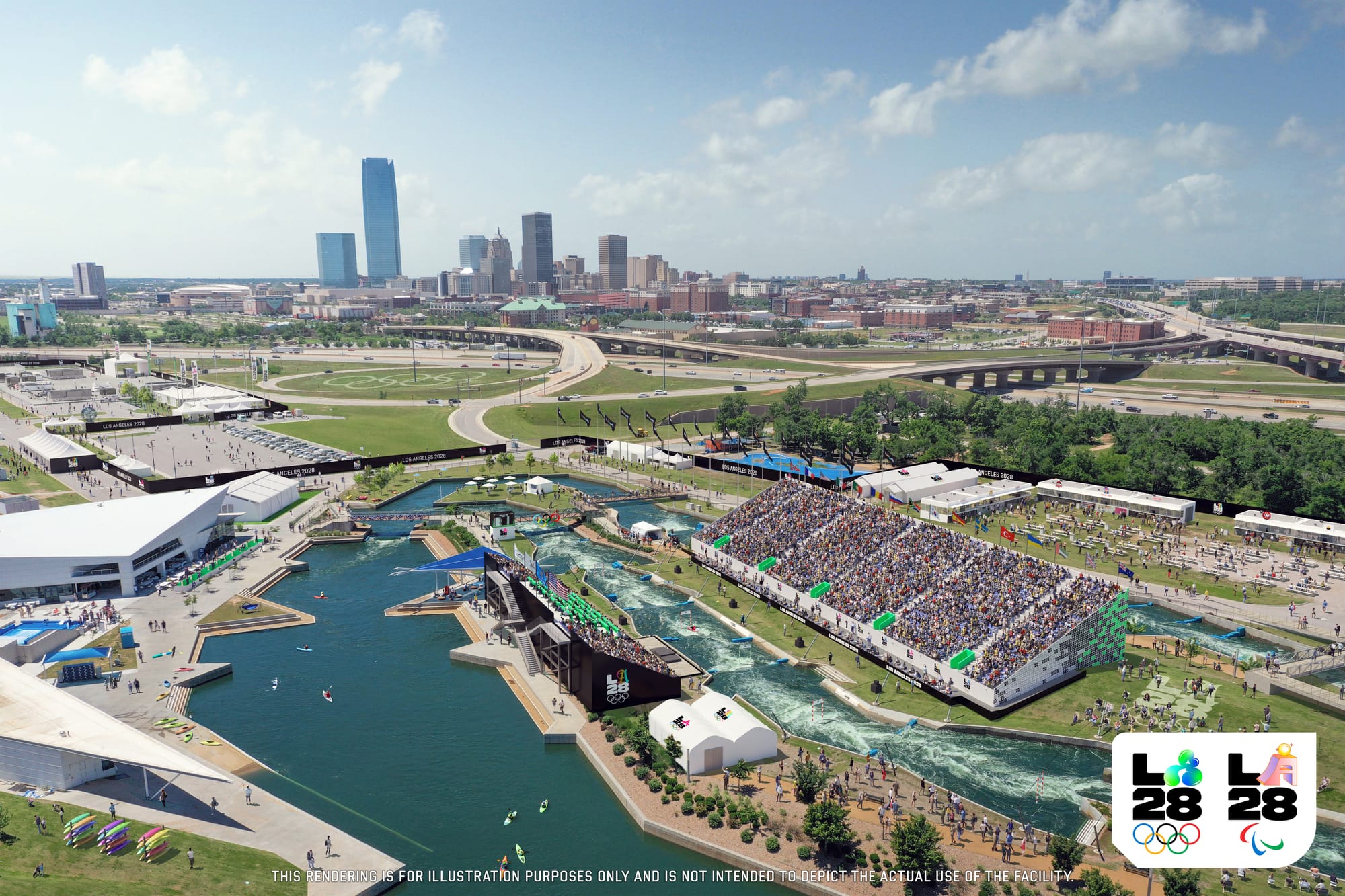 A rendering showing a whitewater park in Oklahoma City during the 2028 Summer Olympics with the logo in the corner