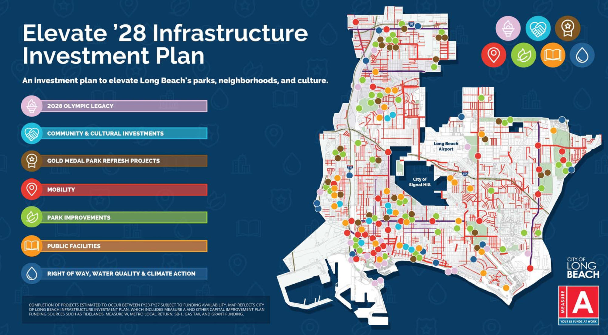 A map of Long Beach's Elevate 28 Infrastructure Investment Plan that shows where Olympic legacy projects will be completed
