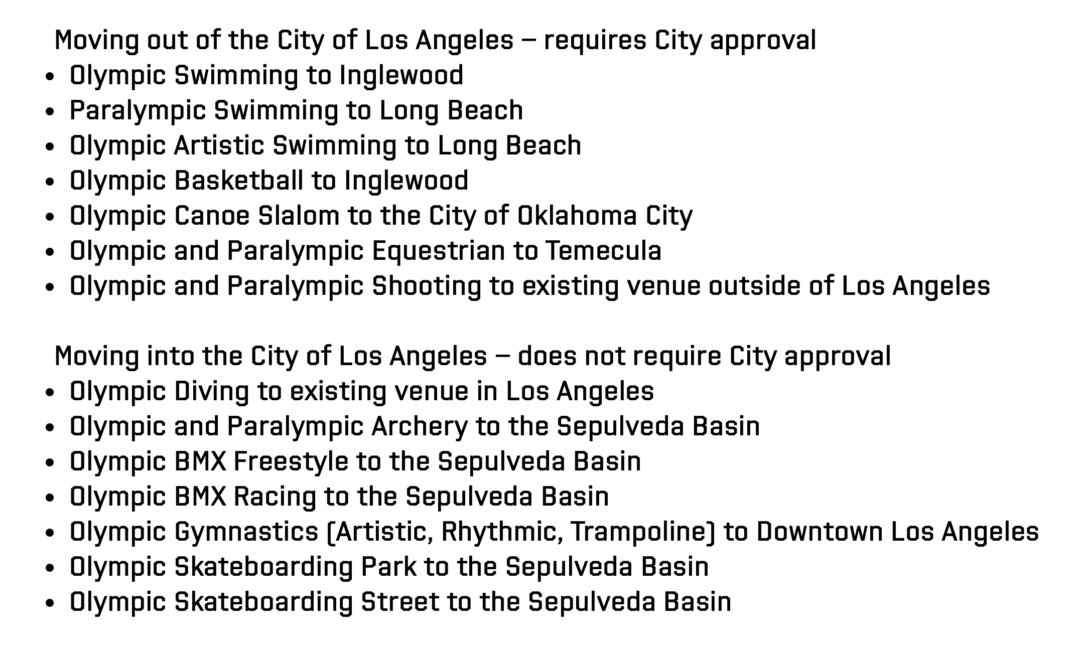 Moving out of the City of Los Angeles – requires City approval Olympic Swimming to Inglewood Paralympic Swimming to Long Beach  Olympic Artistic Swimming to Long Beach Olympic Basketball to Inglewood Olympic Canoe Slalom to the City of Oklahoma City Olympic and Paralympic Equestrian to Temecula Olympic and Paralympic Shooting to existing venue outside of Los Angeles    Moving into the City of Los Angeles – does not require City approval Olympic Diving to existing venue in Los Angeles Olympic and Paralympic Archery to the Sepulveda Basin Olympic BMX Freestyle to the Sepulveda Basin Olympic BMX Racing to the Sepulveda Basin Olympic Gymnastics (Artistic, Rhythmic, Trampoline) to Downtown Los Angeles Olympic Skateboarding Park to the Sepulveda Basin Olympic Skateboarding Street to the Sepulveda Basin