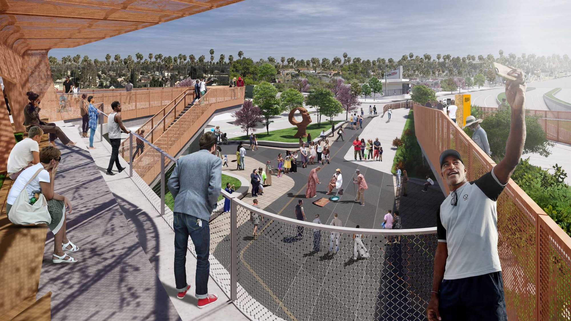 A rendering of Destination Crenshaw showing an elevated park over a large public plaza with people exploring the spaces