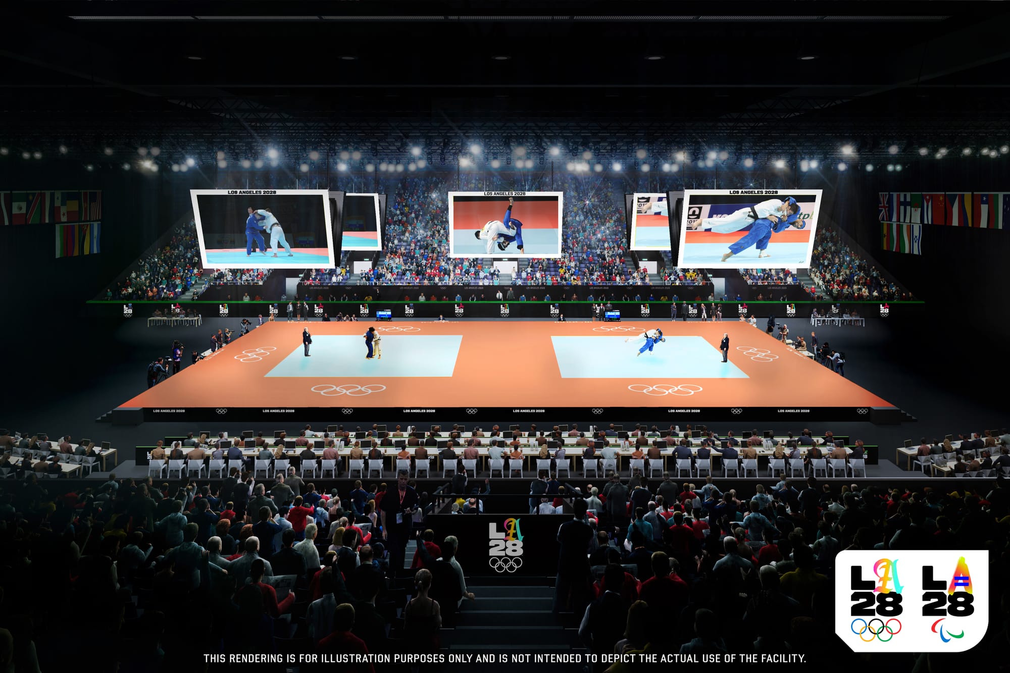 An LA 28 rendering showing the judo competition on a large stage inside the LA convention center