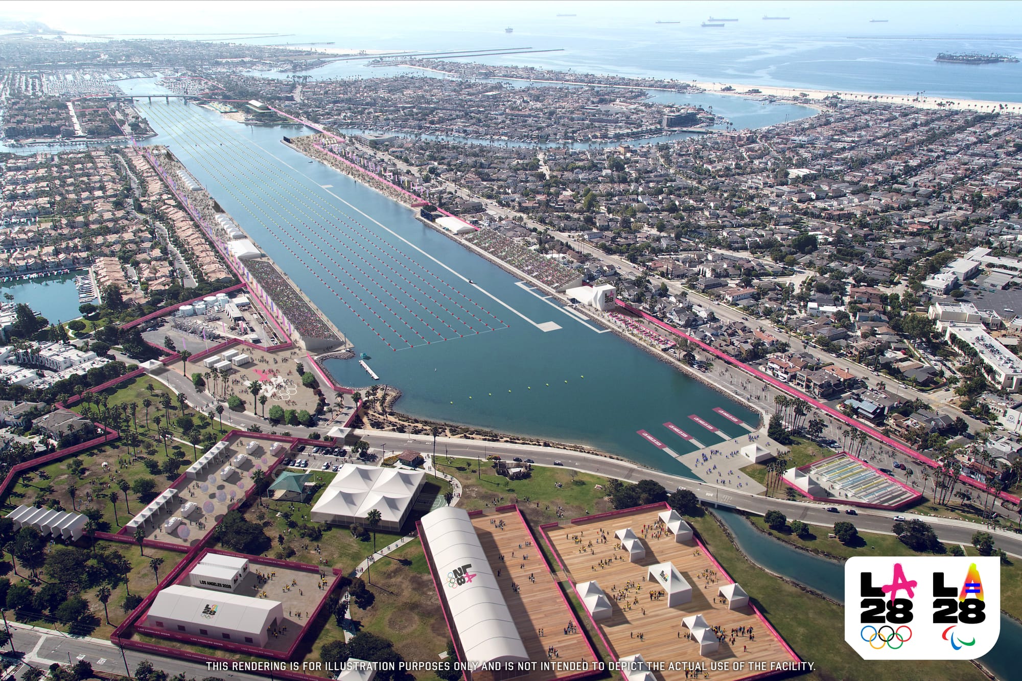 An LA28 rendering showing Long Beach's harbor and Marine Stadium where Olympic water events will be held