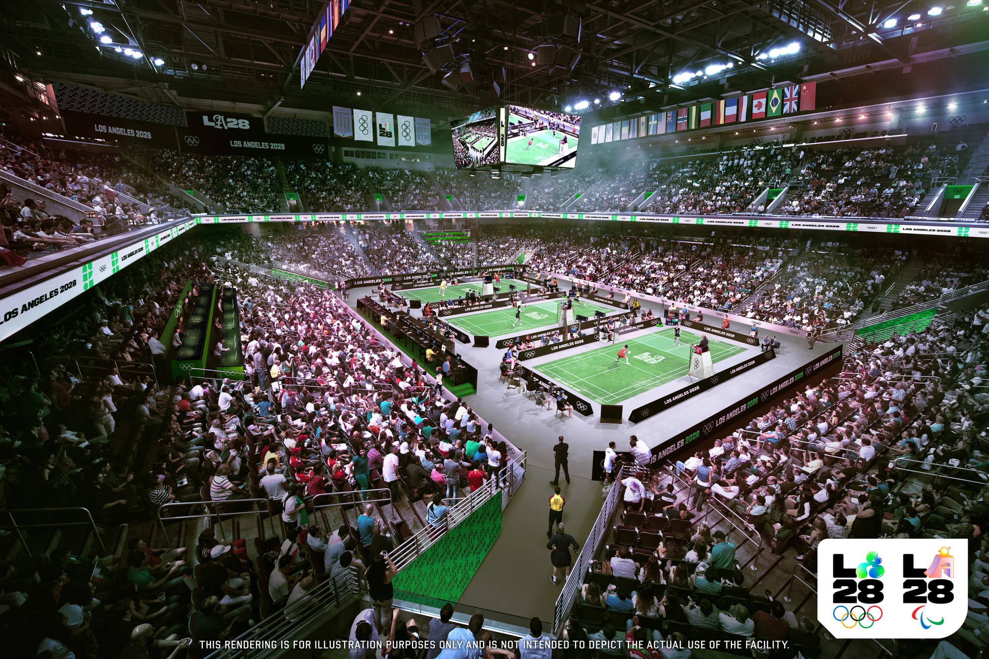 An LA28 rendering showing a three badminton courts at the center of a large arena