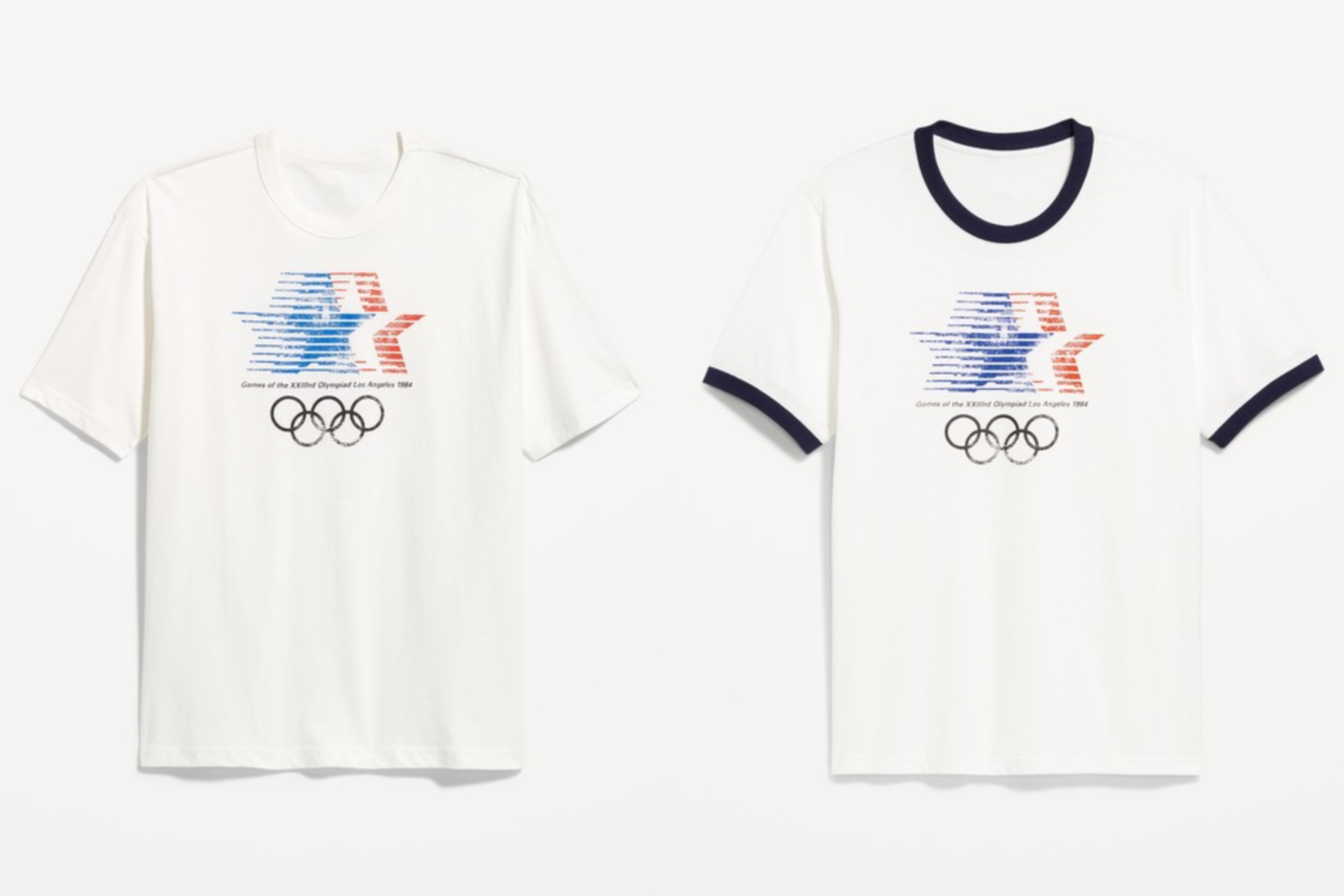 White shirts with the red white and blue star logo from the 1984 Olympics reading Games of the XXIIIrd Olympiad Los Angeles 1984