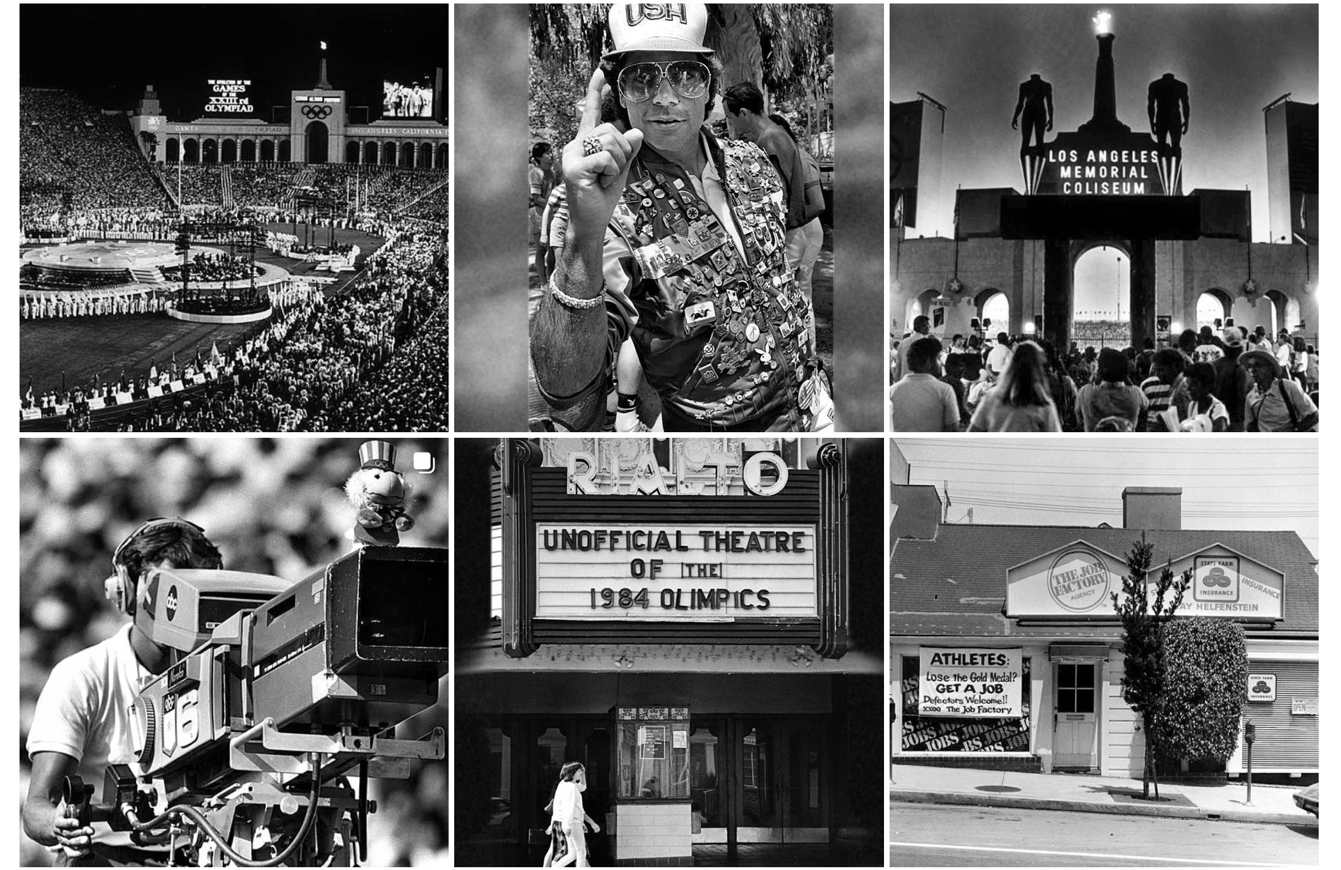 Six black and white photos from the LAPL Instagram showing photos from the 1984 and 1932 Olympics, including shots of the Coliseum during the opening cerenomies