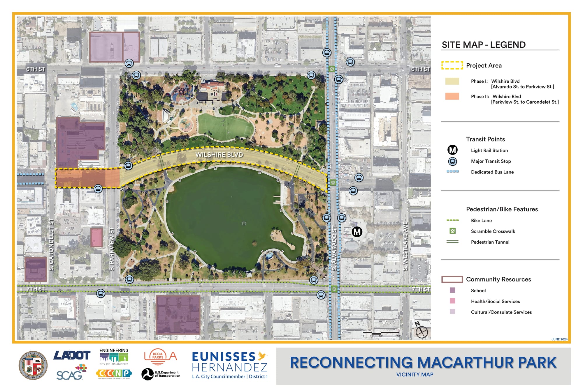 A map of the Reconnecting MacArthur Park project showing the park with Wilshire Boulevard cutting through the park at the center and plans to close it