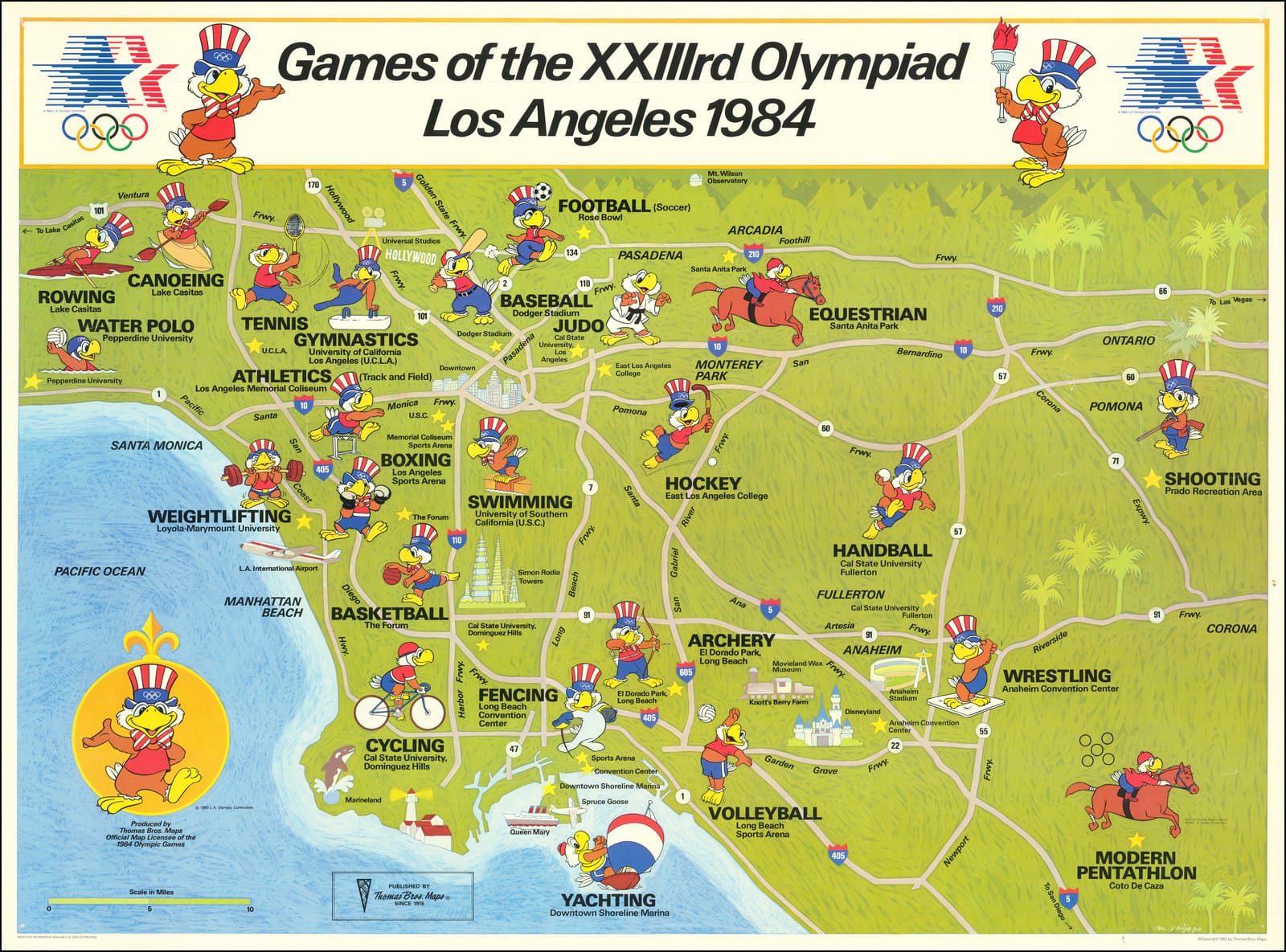 A map for the 1984 Olympics showing Sam the Eagle cartoon mascot at locations all over the region, and freeways instead of train lines