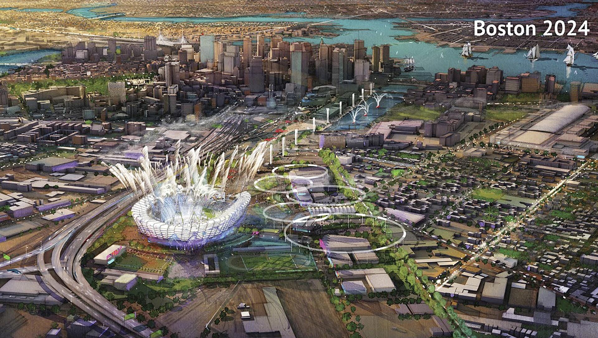 A splashy rendering of the Boston downtown with a brand new stadium exploding with fireworks