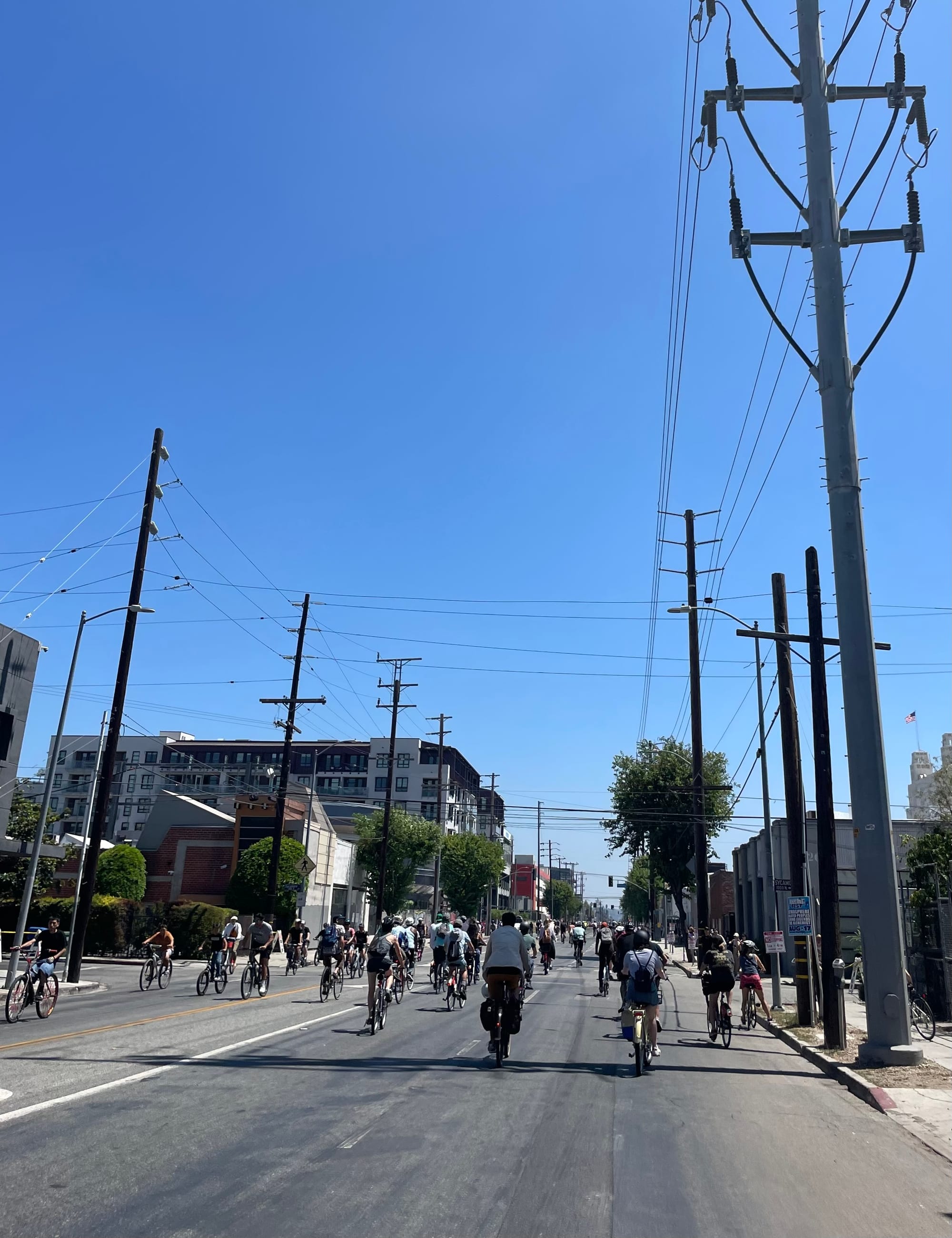 A bleak view of an open streets event on Santa Monica Boulevard, lots of bikes but narrow sidewalks and the street crowded with utility poles