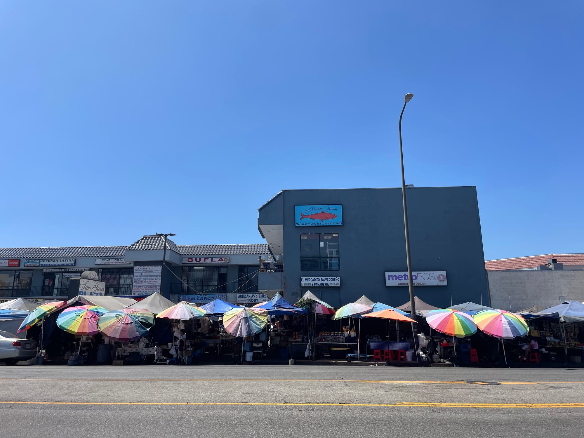 Dozens of rainbow umbrellas lined up along Vermont with vendors on the sidewalk