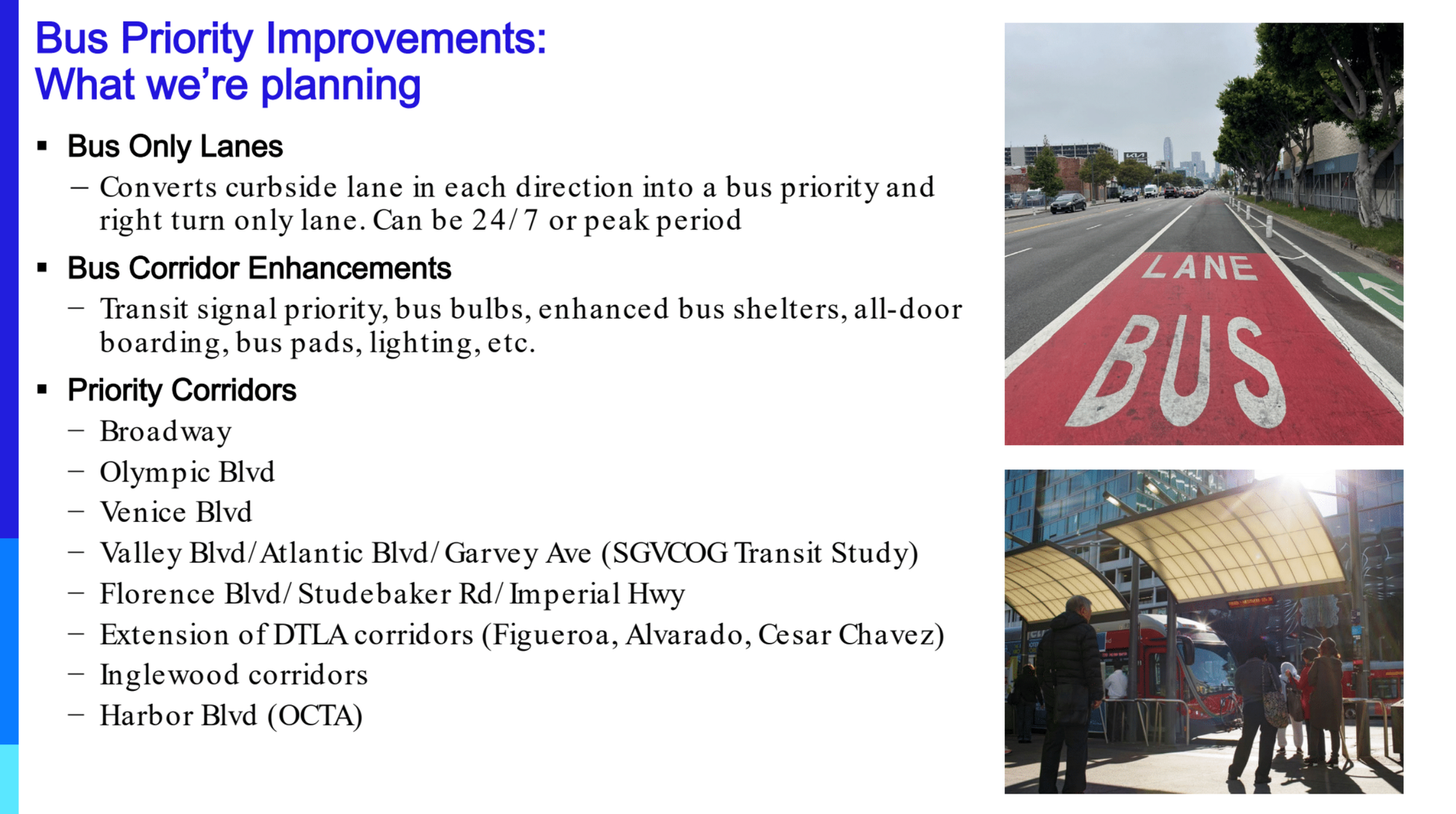 A Metro document that says bus priority improvements: what we're planning with lists of improvements like bus lanes, bus shelters, better lighting, and a list of priority locations