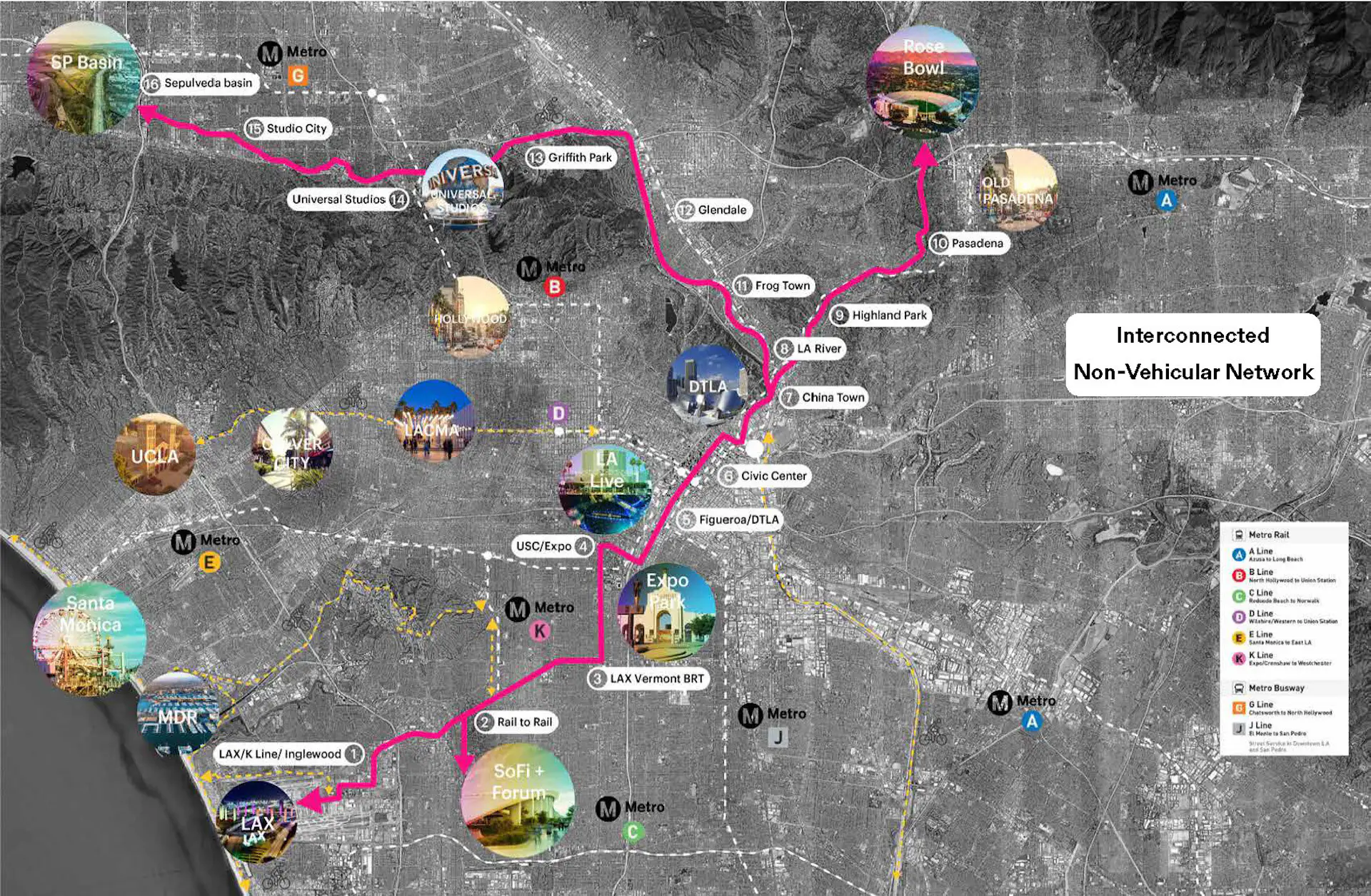 A map of the Festival Trail proposed for the 2028 games showing a pink route connecting many Olympic venues across the city