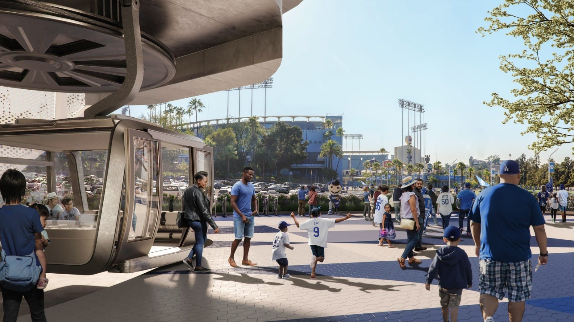 A rendering of the Dodger Stadium gondola showing fans exiting the gondola and walking to the baseball stadium in the distance