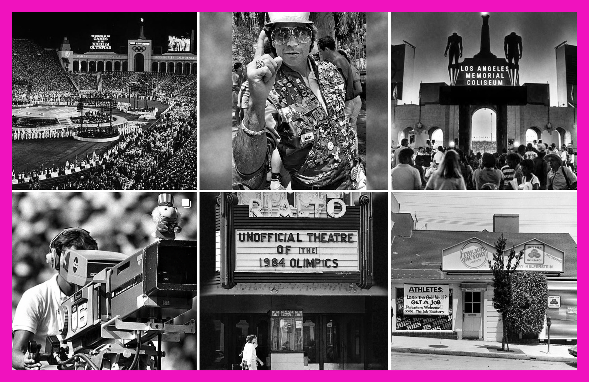 Six black and white photos from the LAPL Instagram showing photos from the 1984 and 1932 Olympics, including shots of the Coliseum during the opening cerenomies