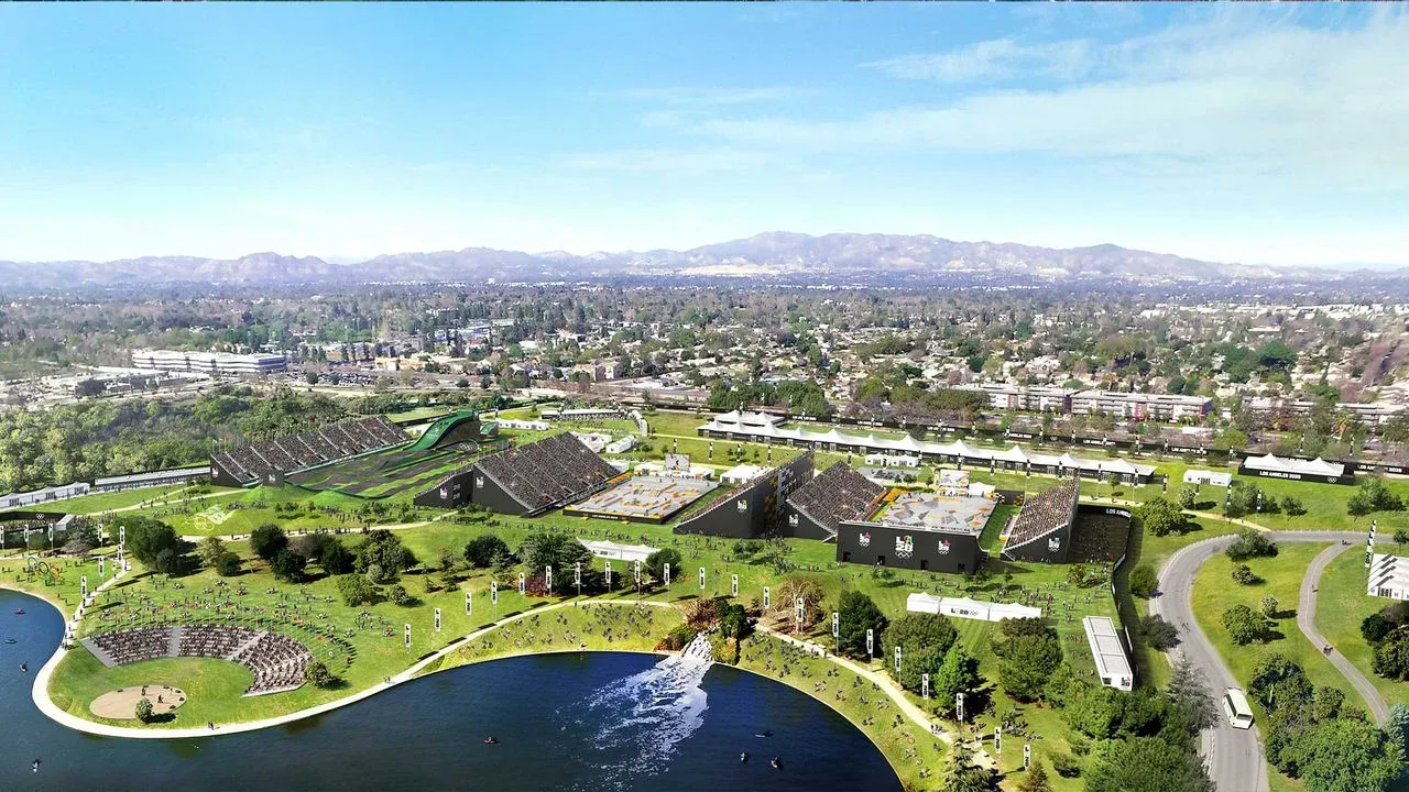 A rendering of the stands and fields for Olympics skateboarding, BMX biking and archery in LA's Sepulveda Basin, a grassy park with a large lake