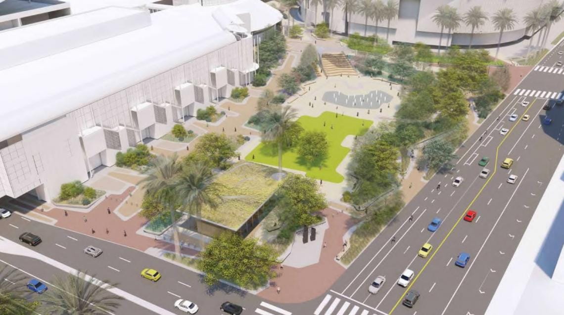 A rendering of the convention center proposal for LA showing a large park outside the large buildings