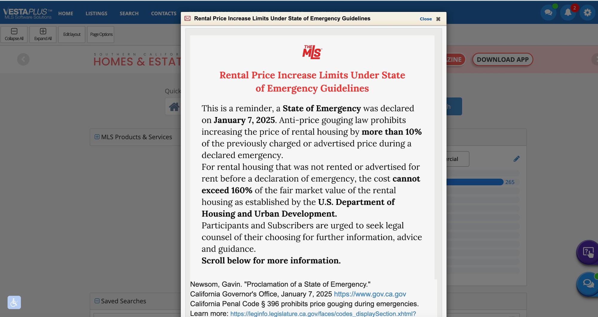 A warning screen on a computer that tells realtors about price gouging as part of the state of emergency