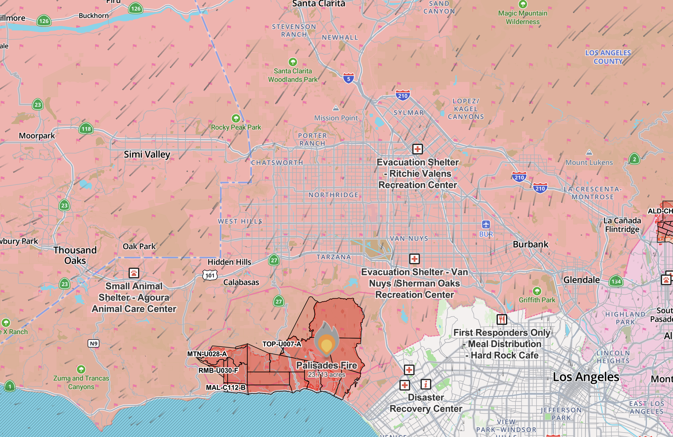 A map of LA from the Watch Duty app showing wind directions blowing through the area