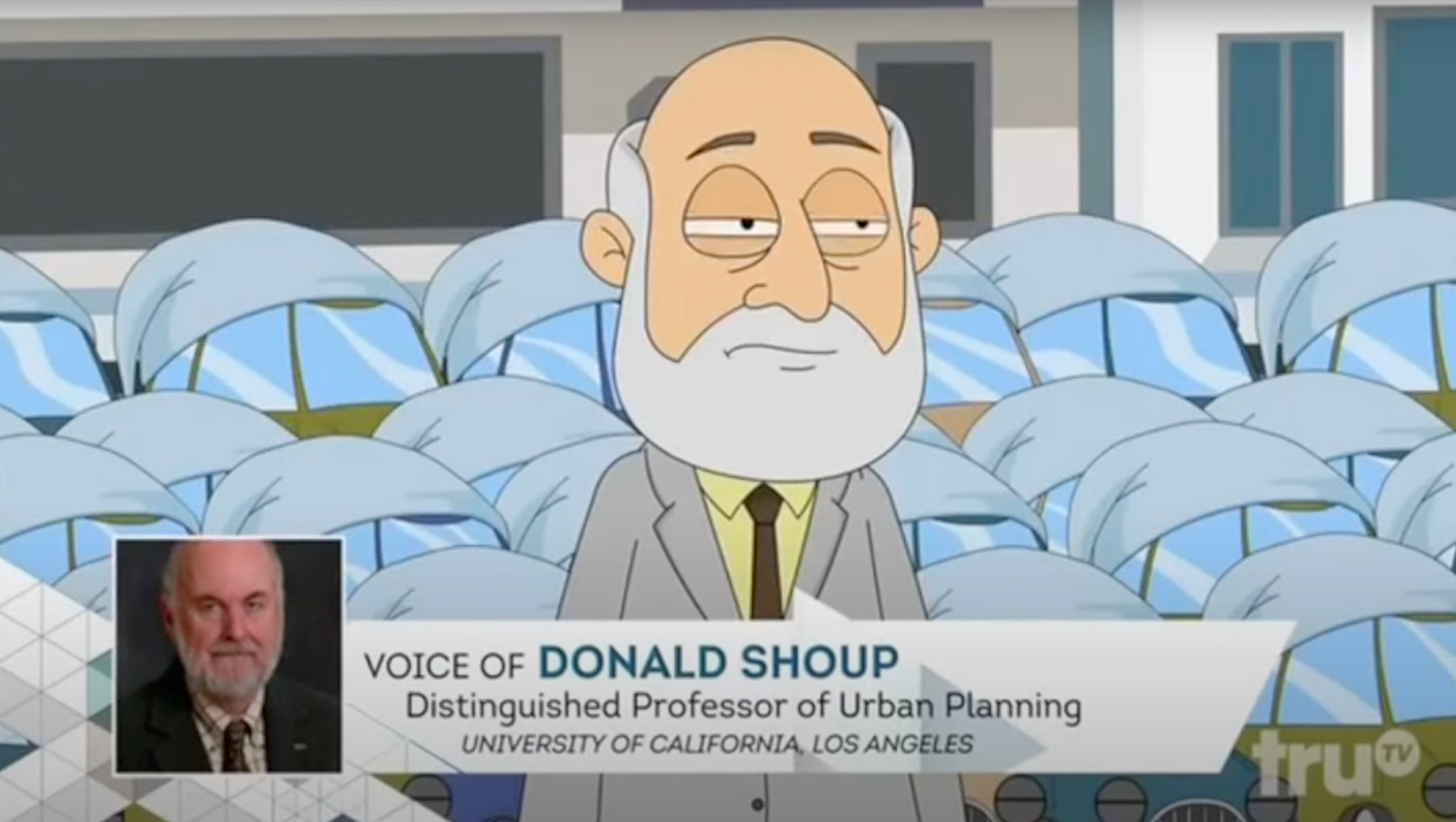 Donald Shoup as an animated version of himself standing before a parking lot of cars