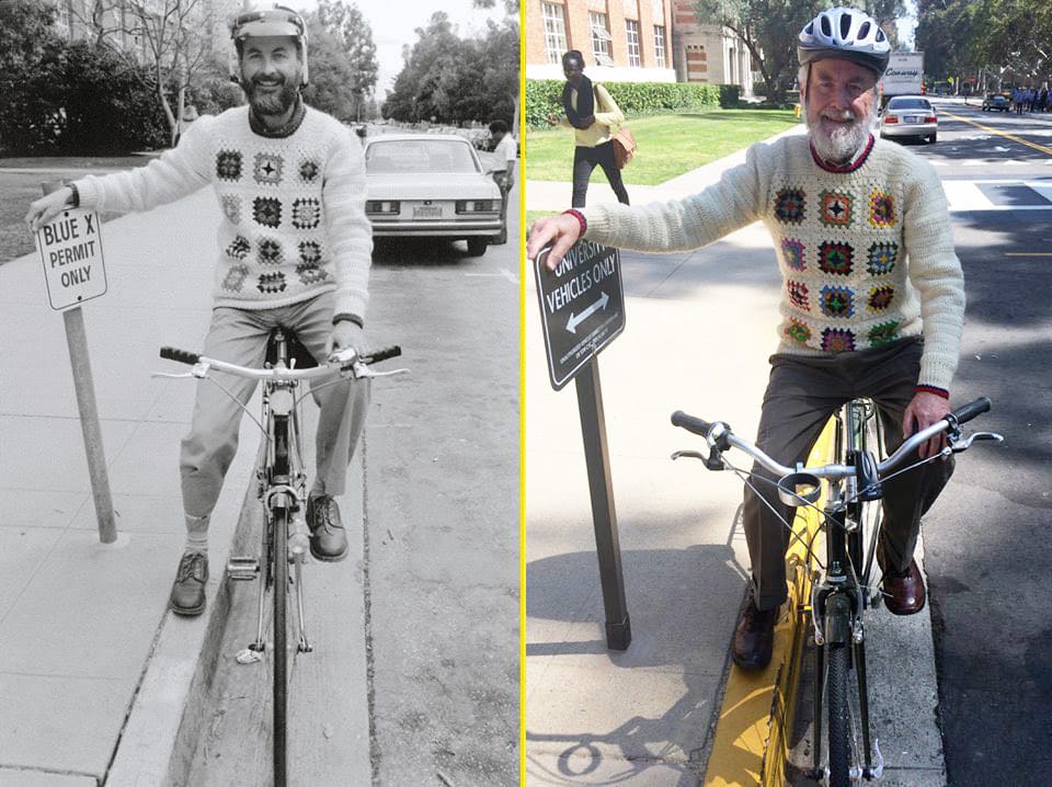 Shoup shown in a black and white photo wearing a sweater while on a bike; then the same pose years later wearing the same sweater