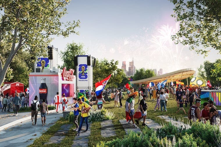 A rendering of people dressed in World Cup spectator outfits like jerseys and flags running through a park with booths and stages