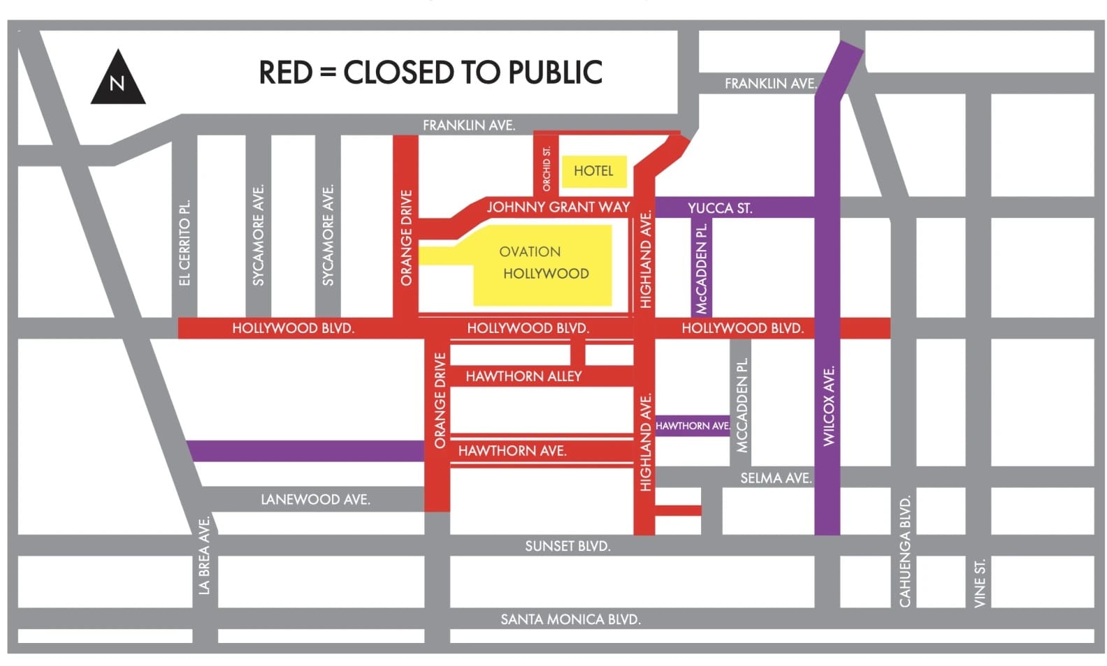 A map of the Oscars street closures showing bright red streets that are completely closed to the public for a block all around the Ovation theater